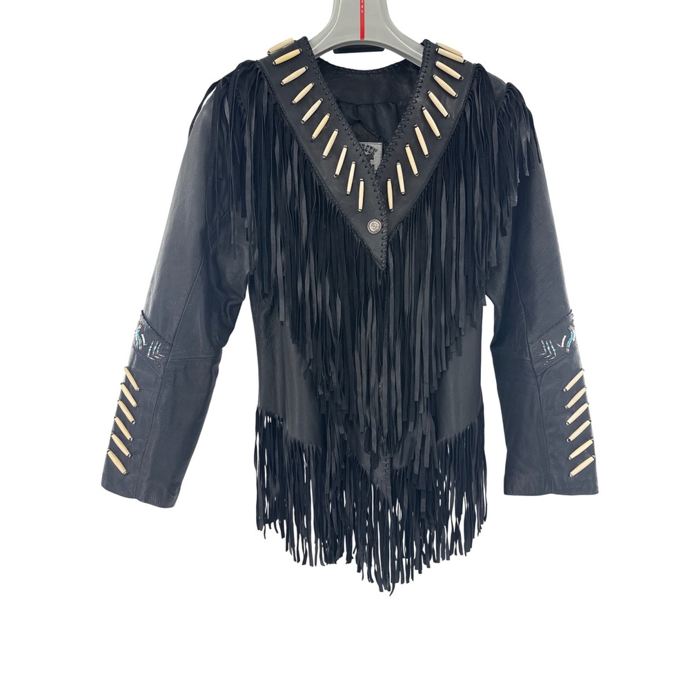 Fox Creek Leather Co Women's Black Fringe Beaded Leather Jacket Size S